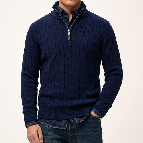 Cavendish Cable-Knit Half-Zip in navy